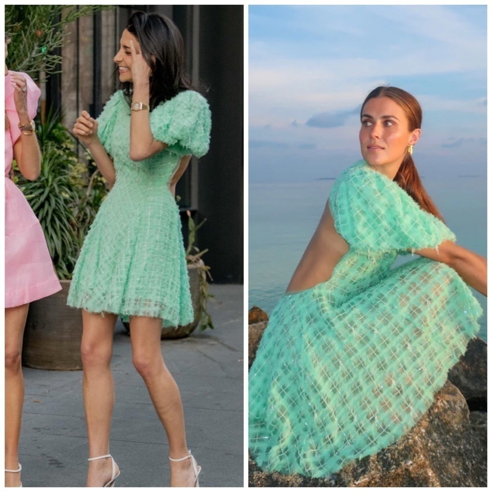 Aje Context Puff Short Sleeve Beaded Backless Mini Dress Green Size 6 Cocktail